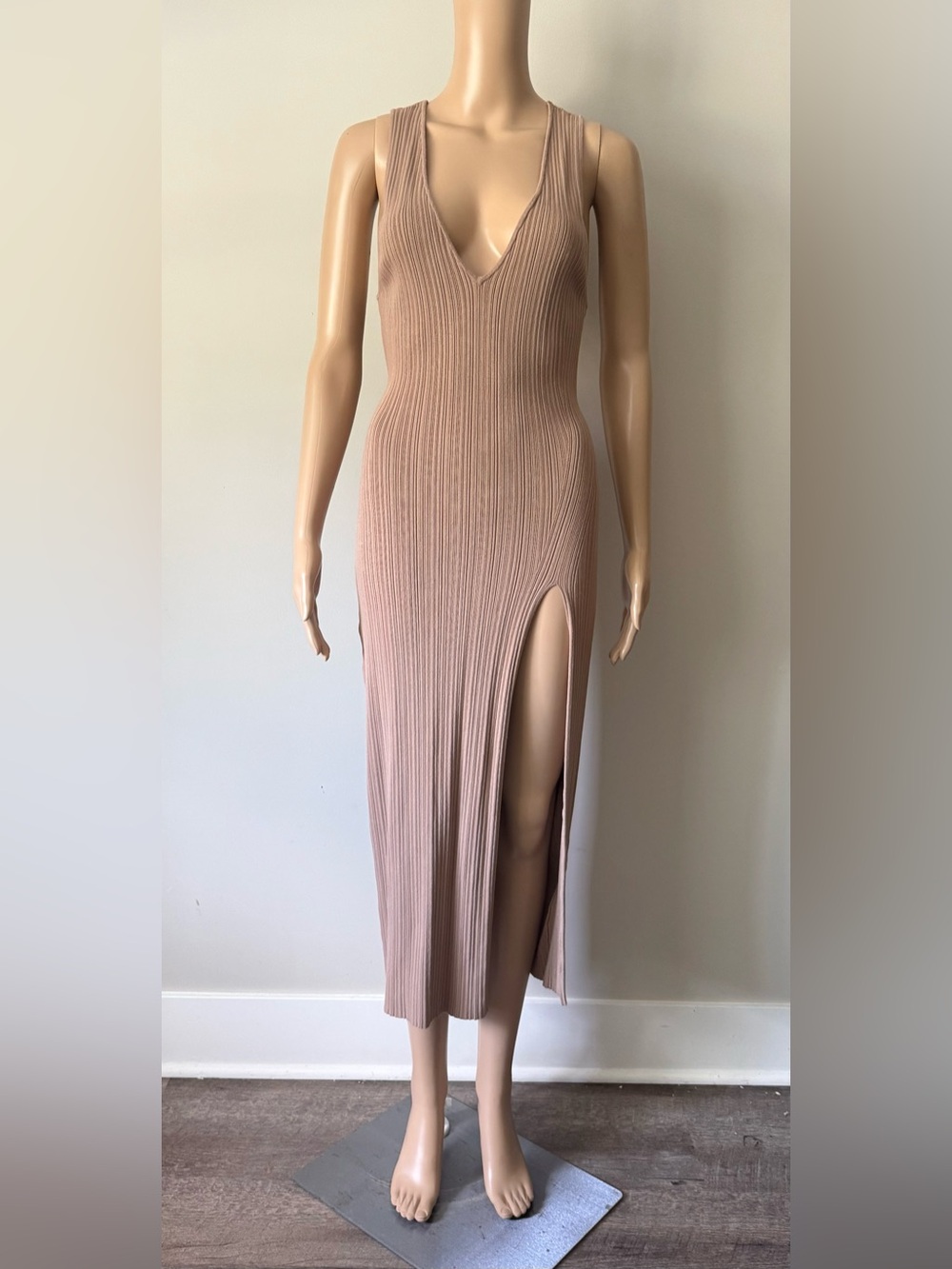 Sleeveless V-Neck Ribbed Midi Dress with High Side Slit - Taupe